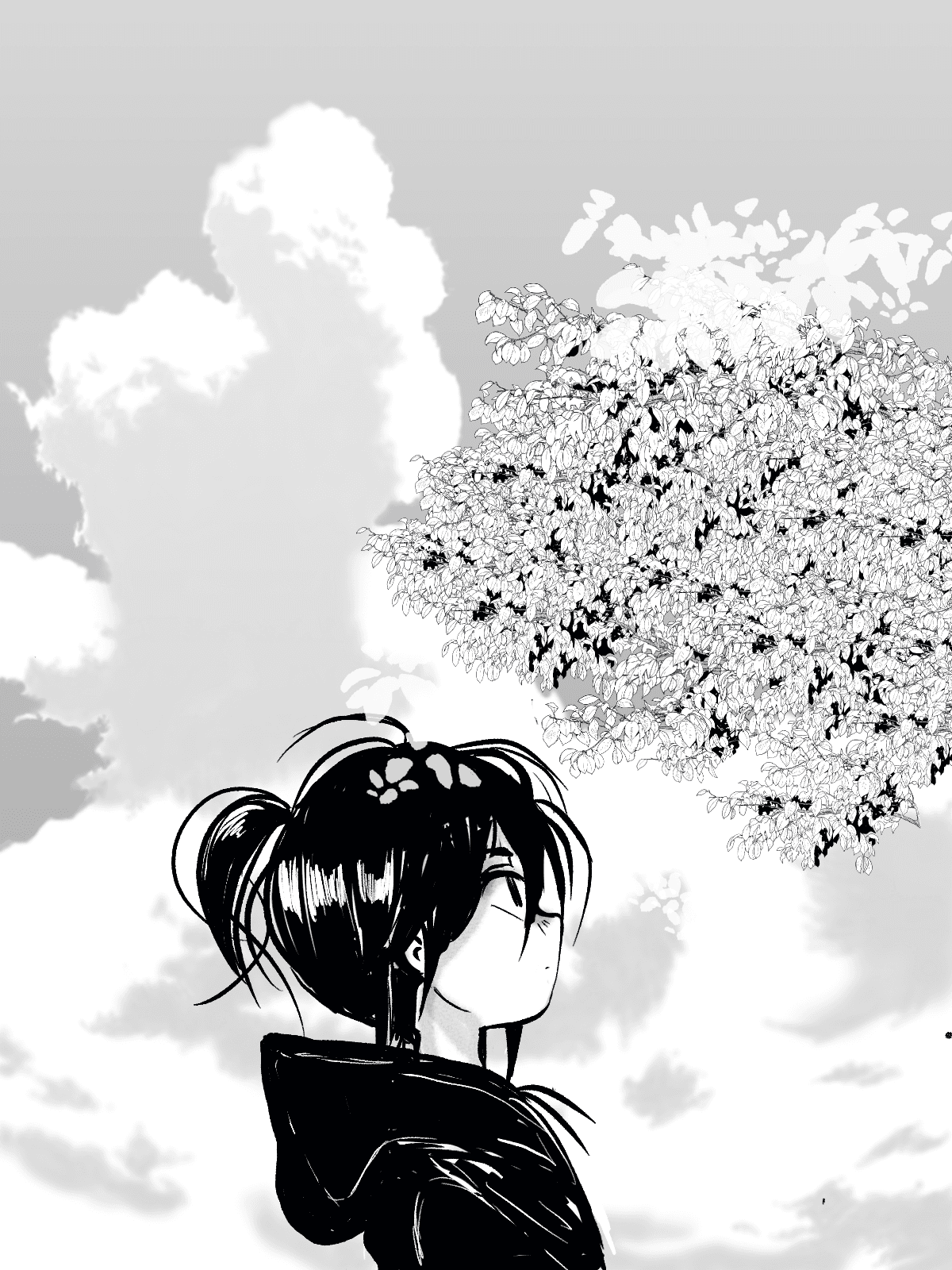 Portrait en noir et blanc sous un ciel nuageux avec un feuillage detaille.